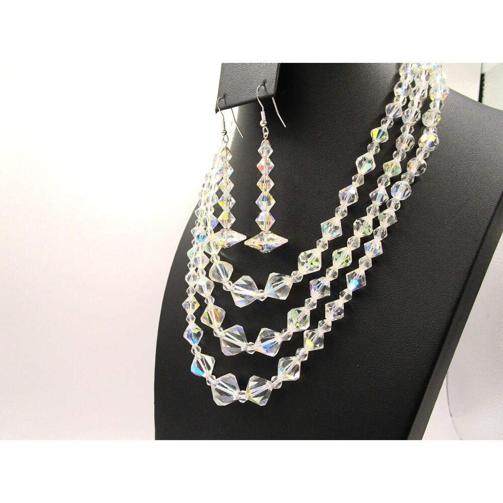 Vintage Bicone Aurora Necklace 925 Shoulder Duster Margarita Glass Earrings Set